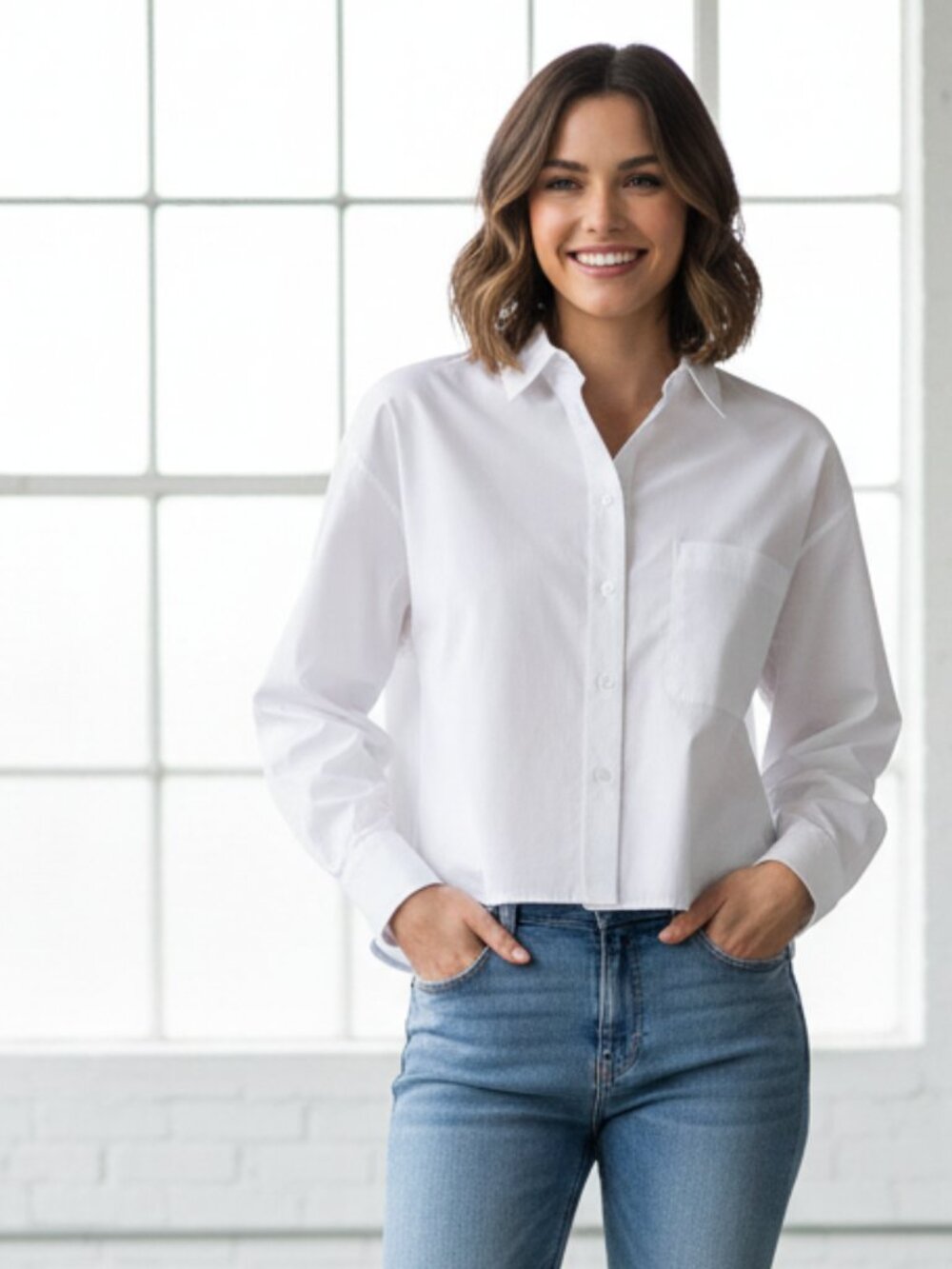 French Connection Alissa Crop Shirt White Med Oversized Cotton Button Up NWOT